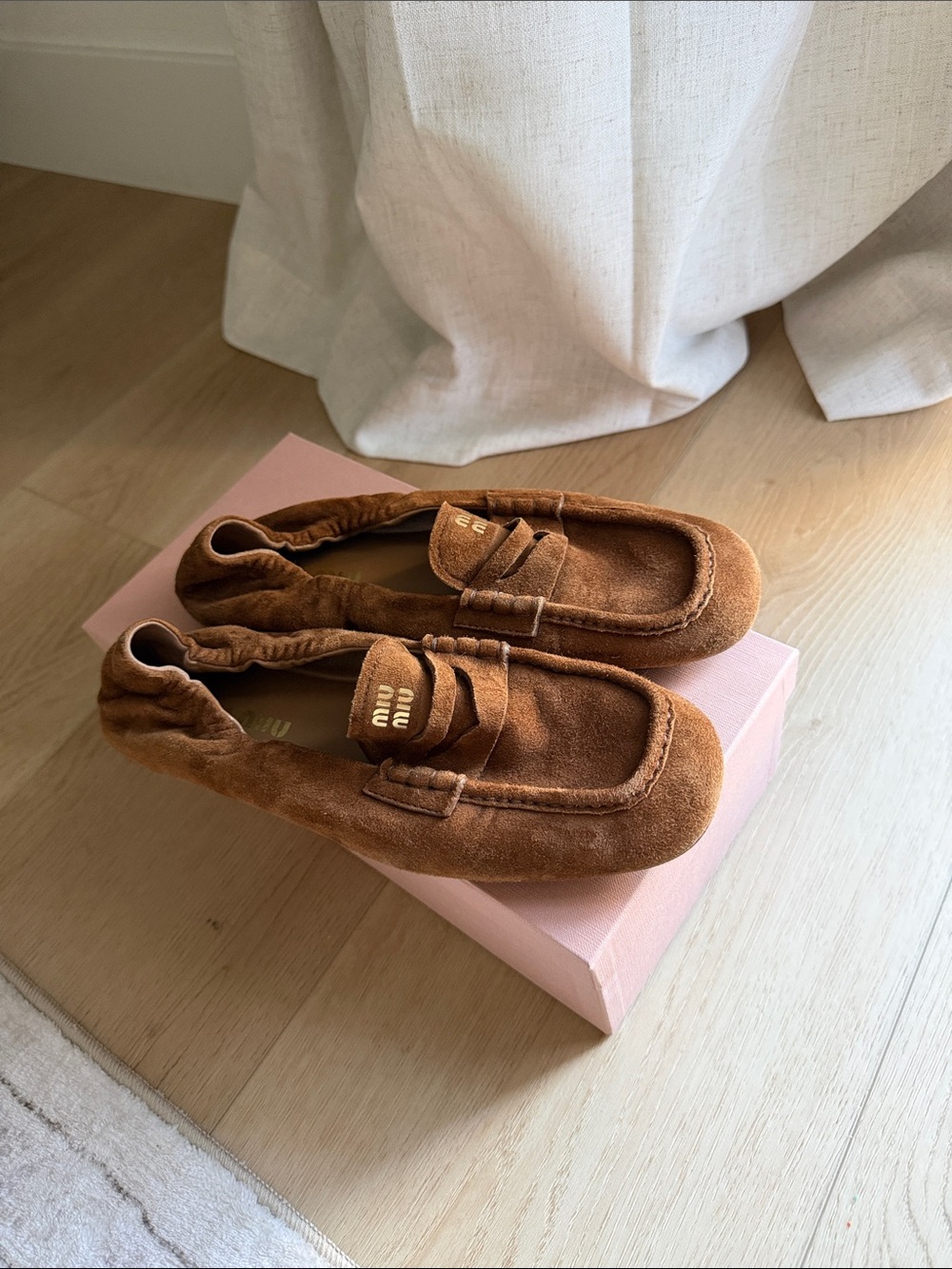 Miu Miu Brown Suede Moccasins with Gold Logo